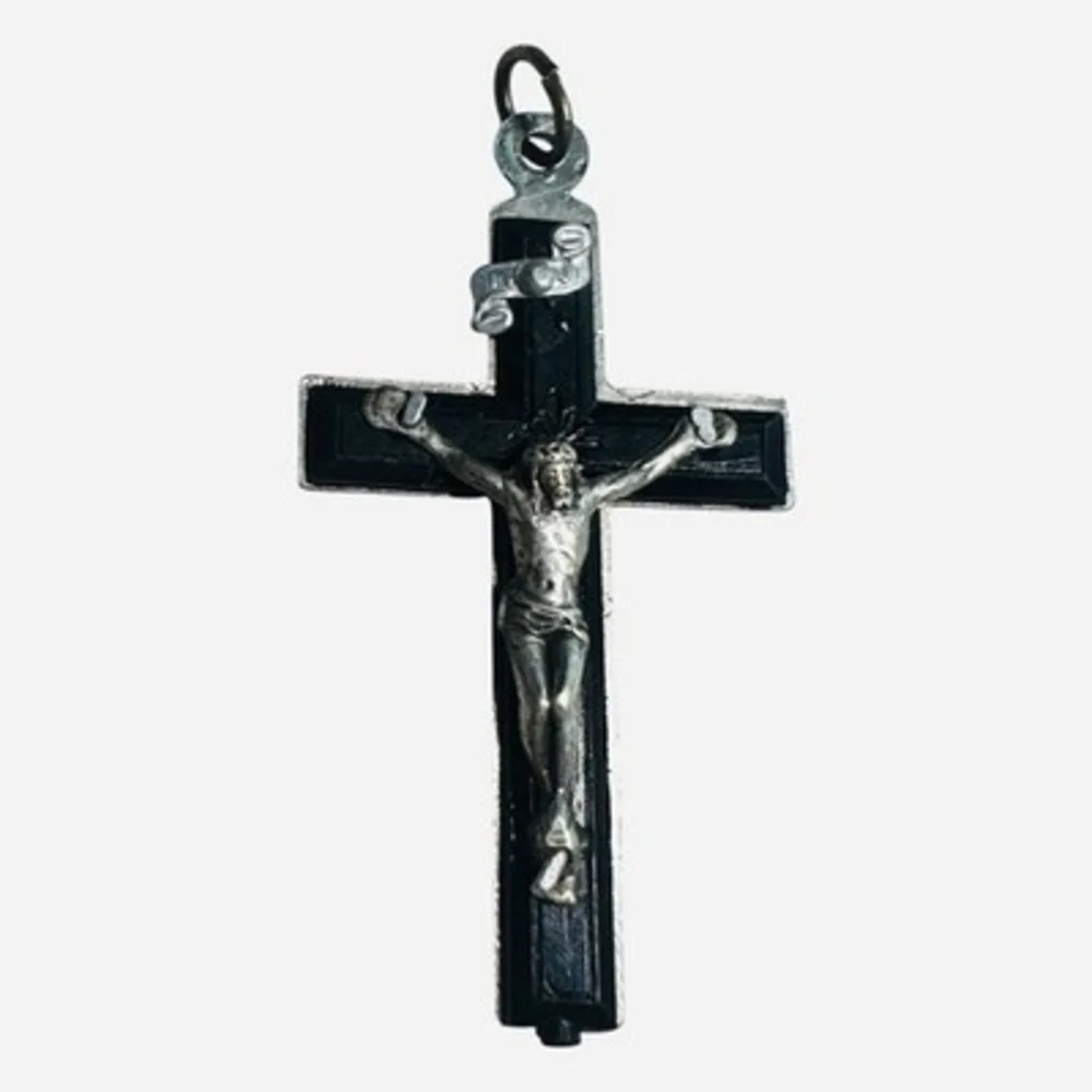 Vintage Italian Silver Tone Black Inlay Crucifix Pendant Catholic Cross 1.75